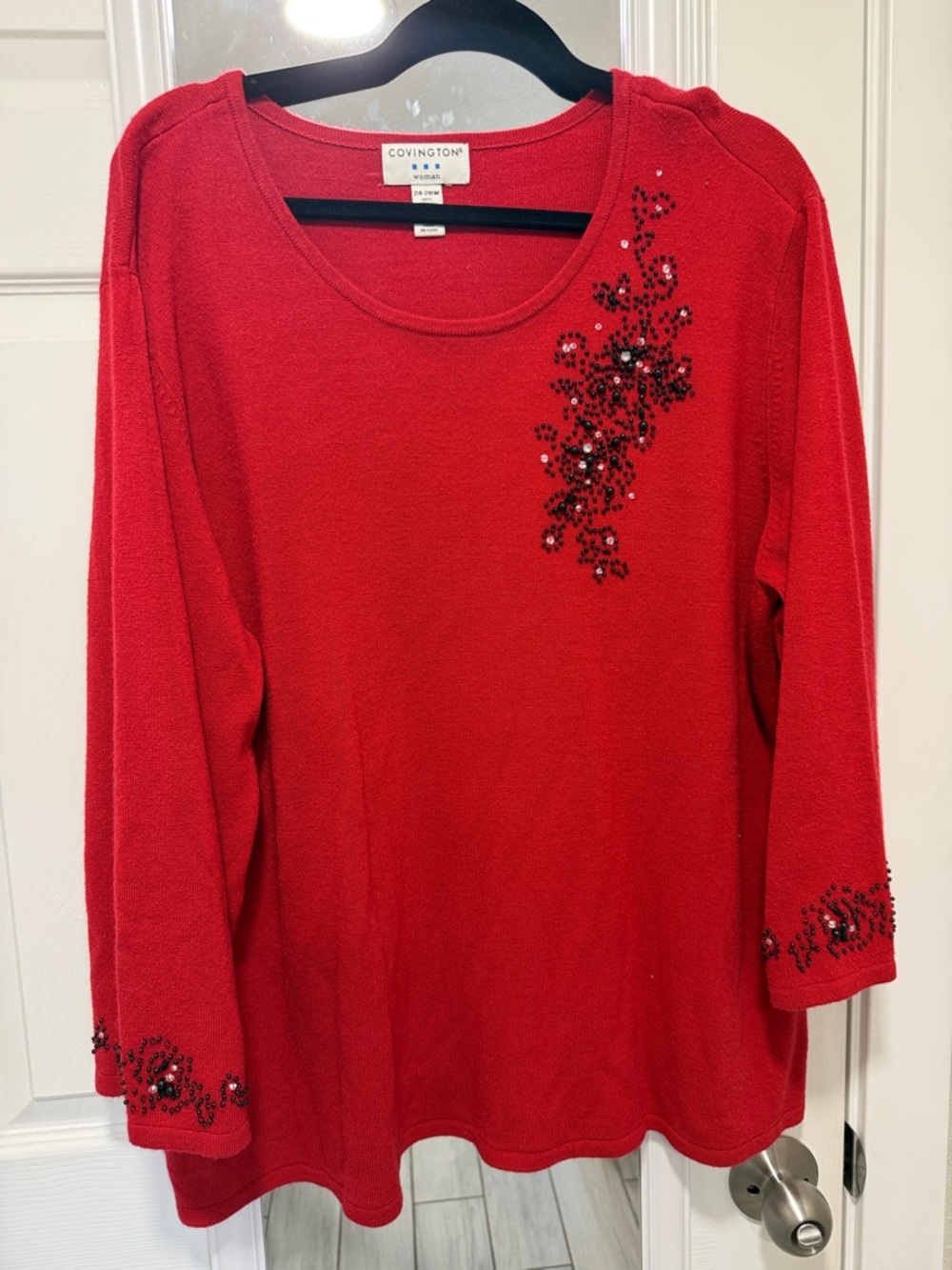 Covington Red Long Sleeve Scoop Neck Top with Black Sequin Detail